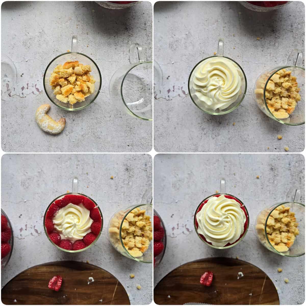 A collage of the prep steps for the Vanilla Crescent Cookie and Raspberry Dessert.