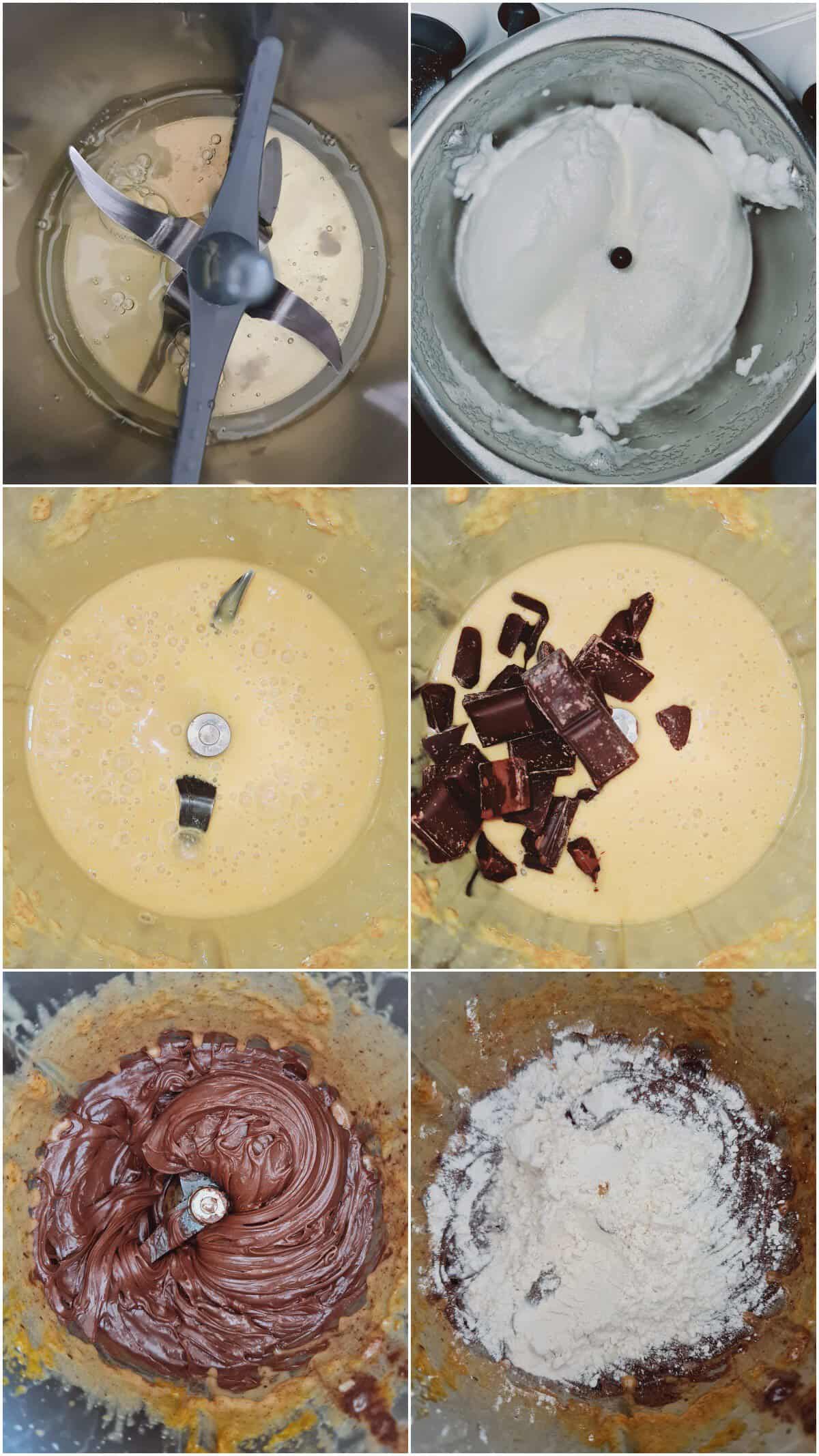 Step-by-step collage for making chocolate cake.