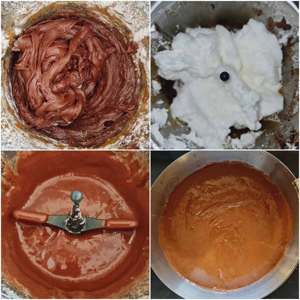 Step-by-step collage for making chocolate cake.