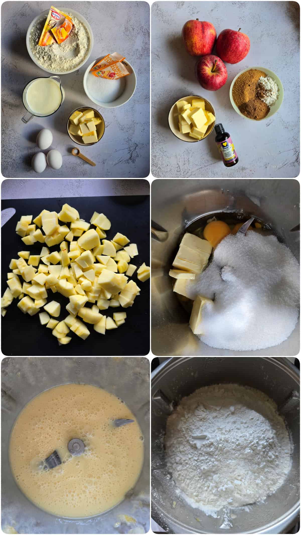 A collage of the prep steps for Apple Cinnamon Roll Cake.