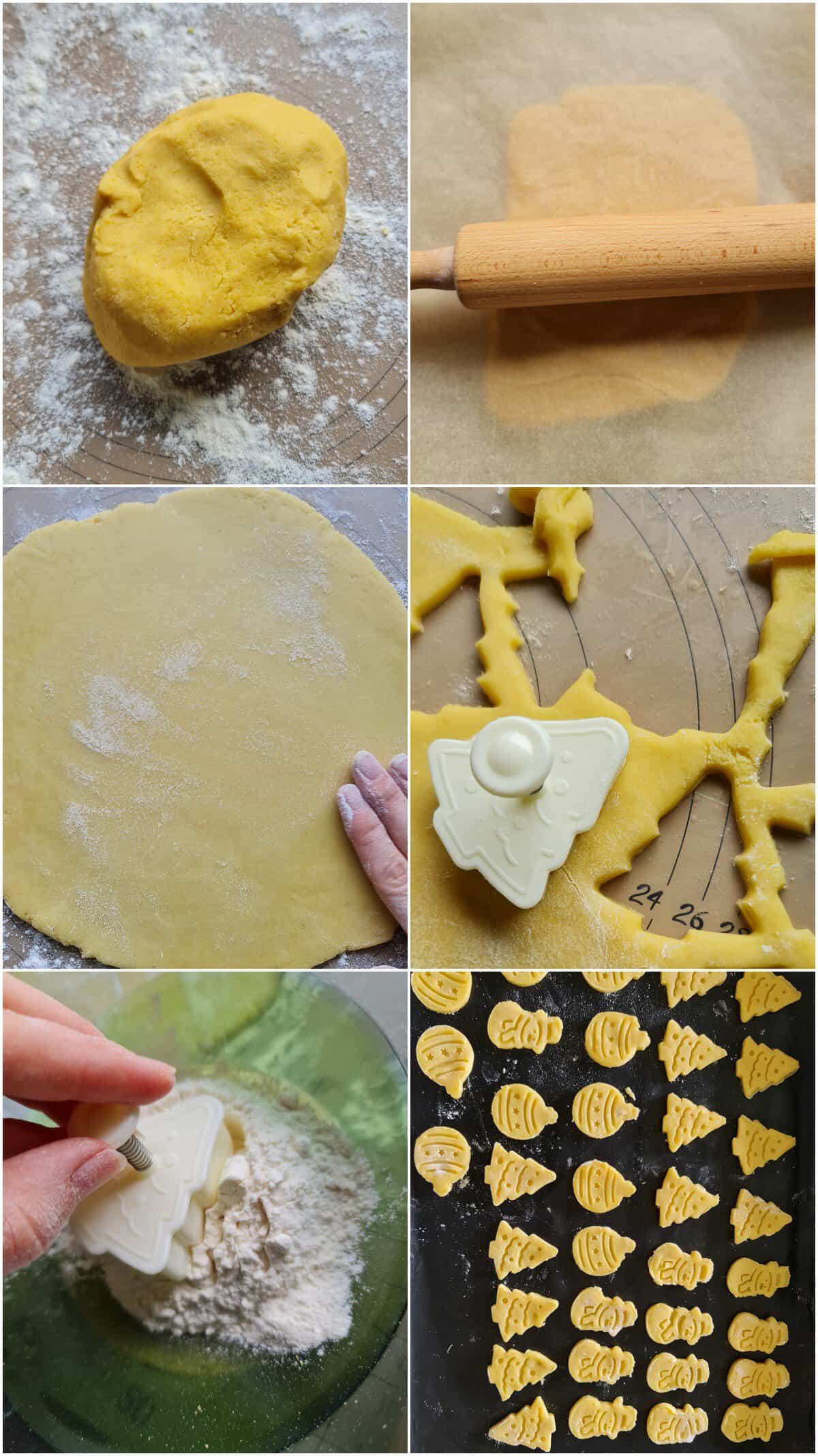 A collage showing the step-by-step process for making cut-out cookies.