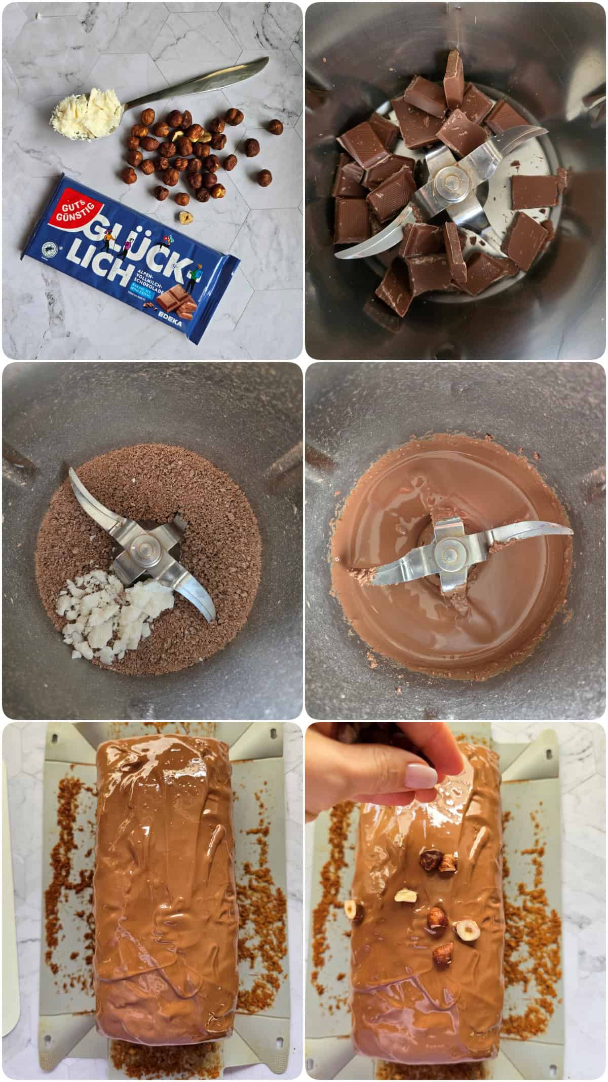 Step-by-step preparation of the chocolate glaze in the Thermomix and decorating the hazelnut cake with hazelnuts.