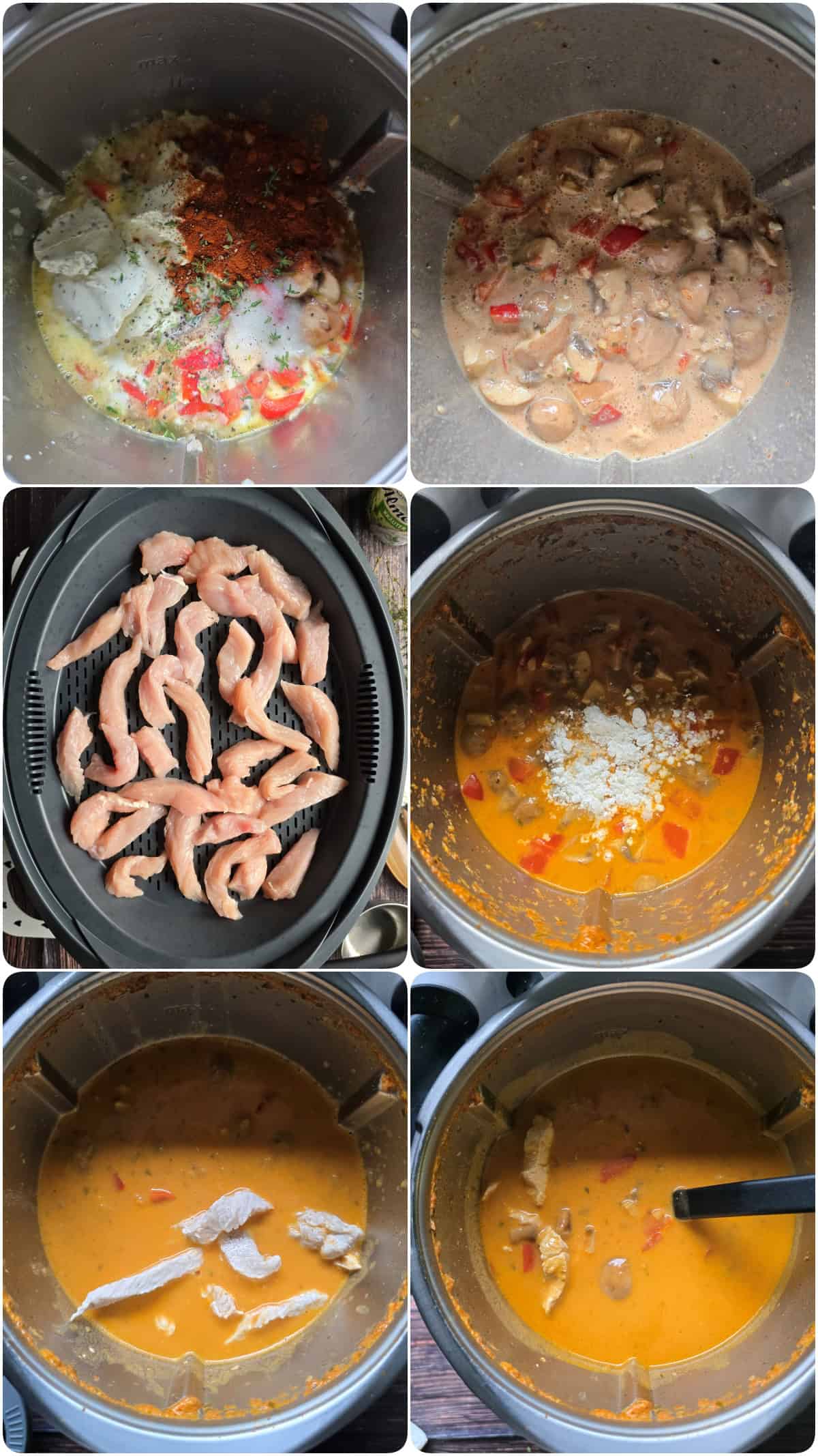 Eine Collage der Zubereitungsschritte für Puten-Geschnetzeltes in roter Sahnesoße.
