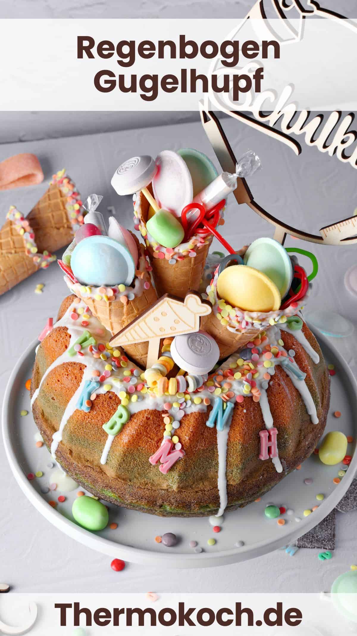 A beautifully decorated rainbow bundt cake.