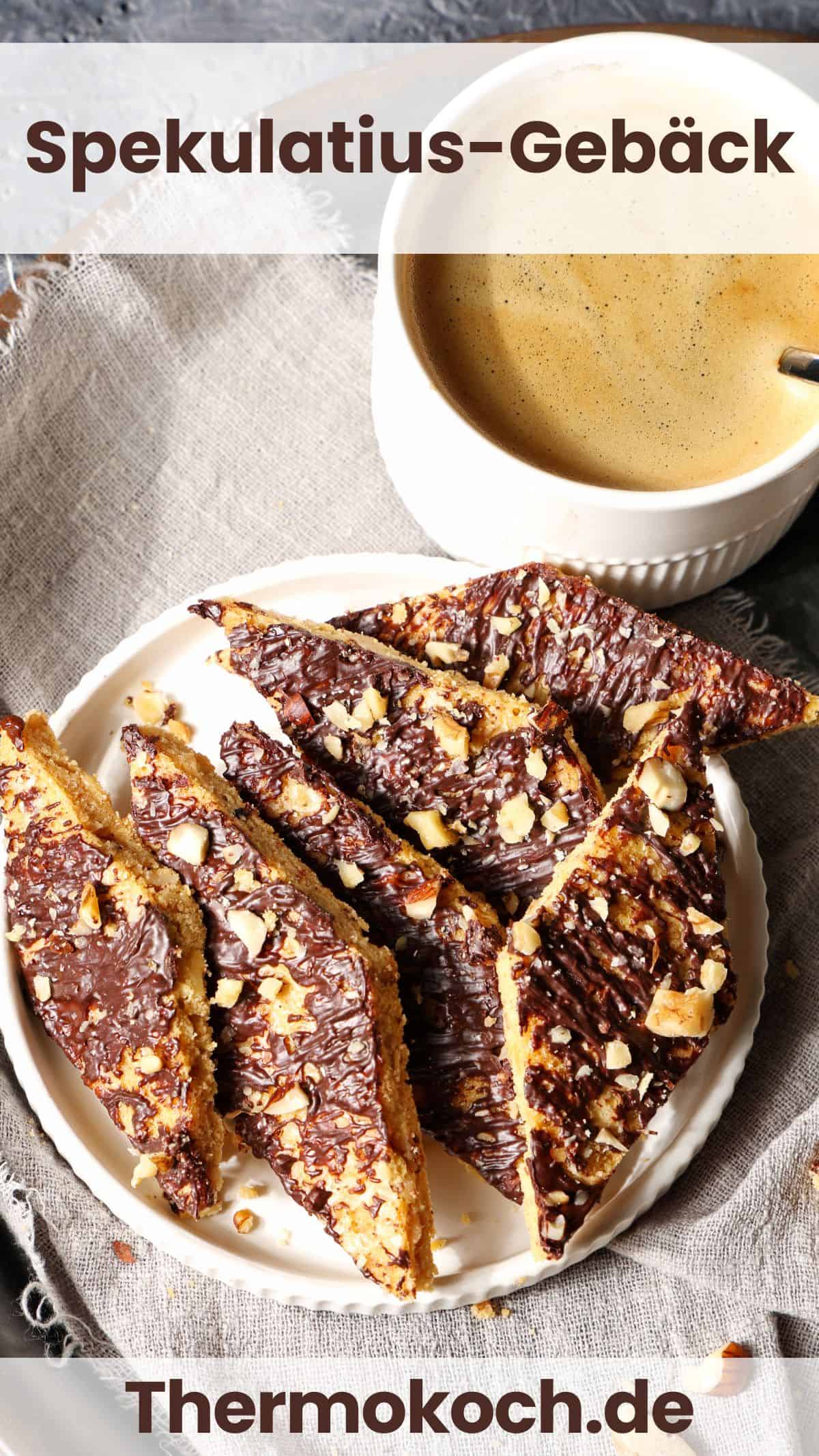 A plate of speculoos cookies with white chocolate, served with a cup of coffee.