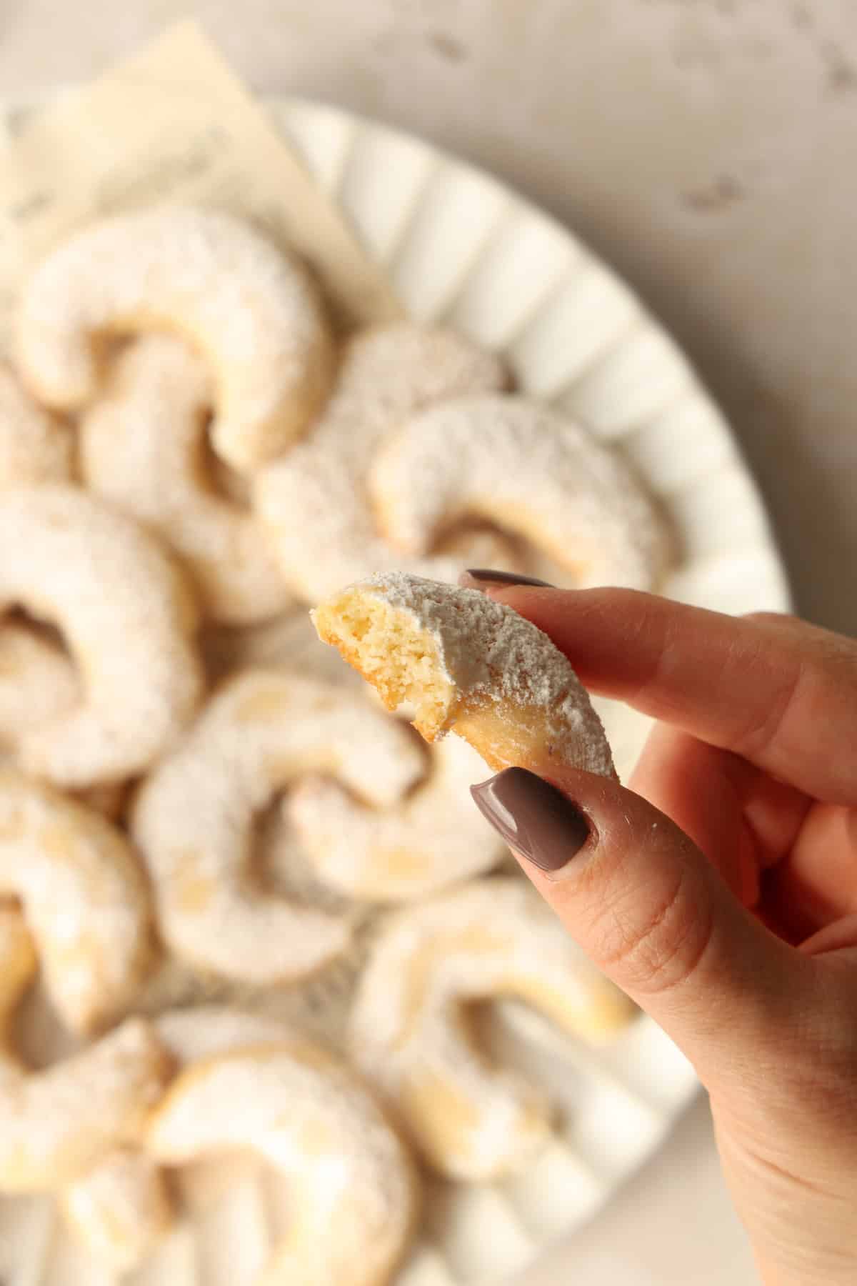 A hand holding a piece of a vanilla crescent cookie. In the background, a plate of vanilla crescent cookies.