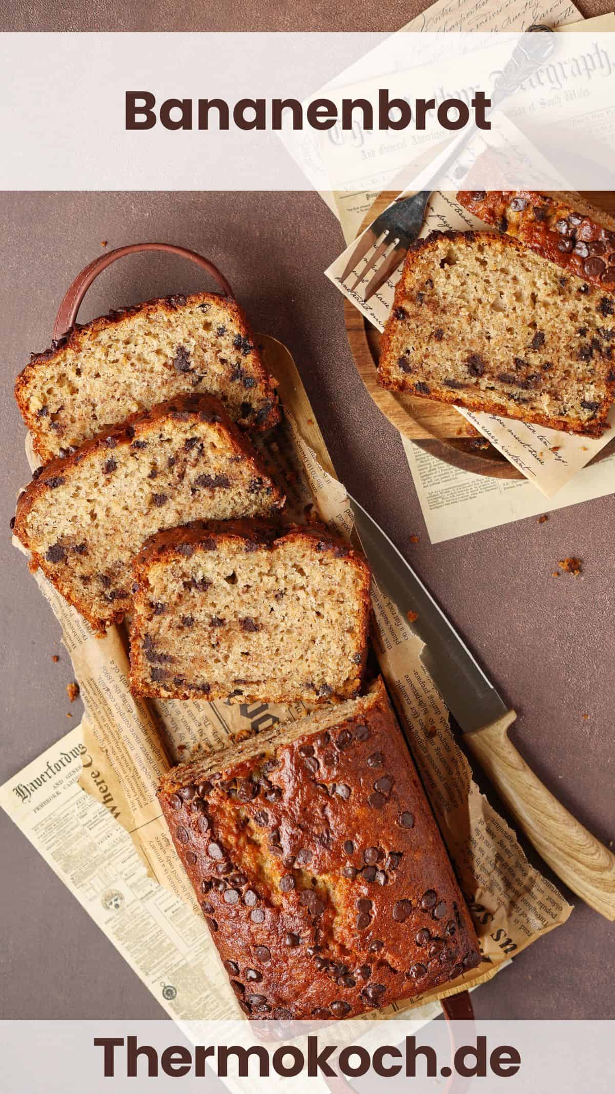 A partially sliced chocolate chip banana bread. Next to it, a wooden plate holding two slices of banana bread.