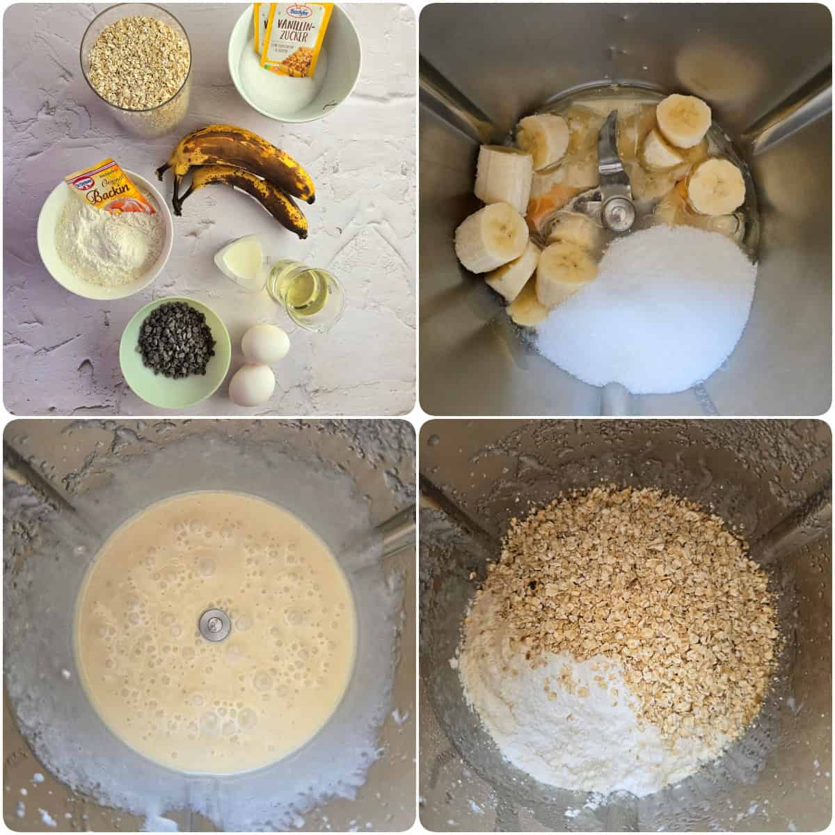 A collage of the preparation steps for chocolate chip banana bread.