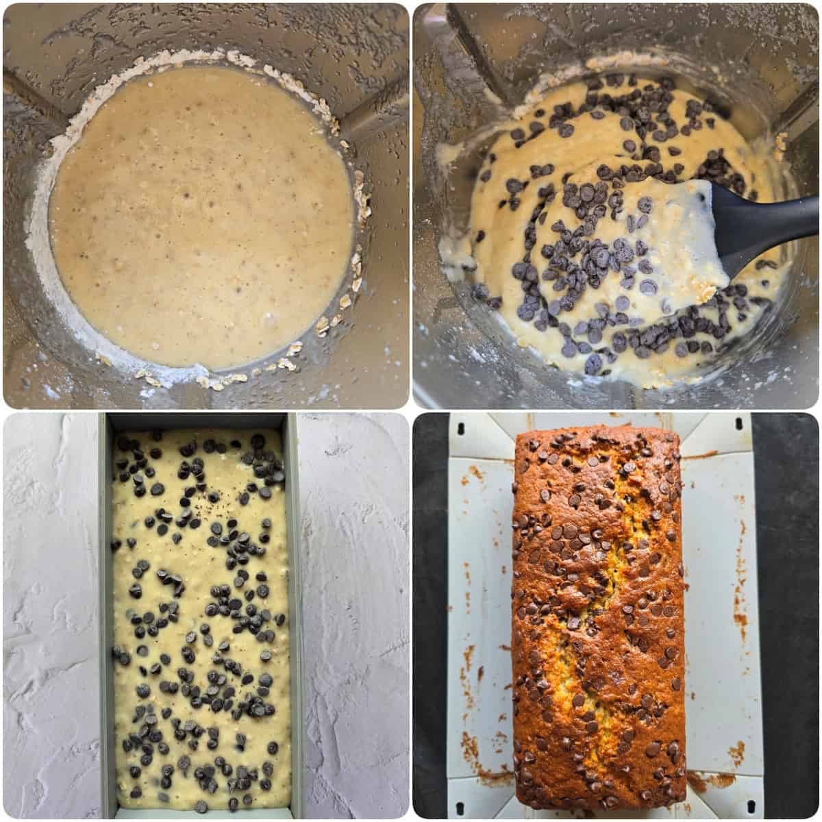 A collage of the preparation steps for chocolate chip banana bread.
