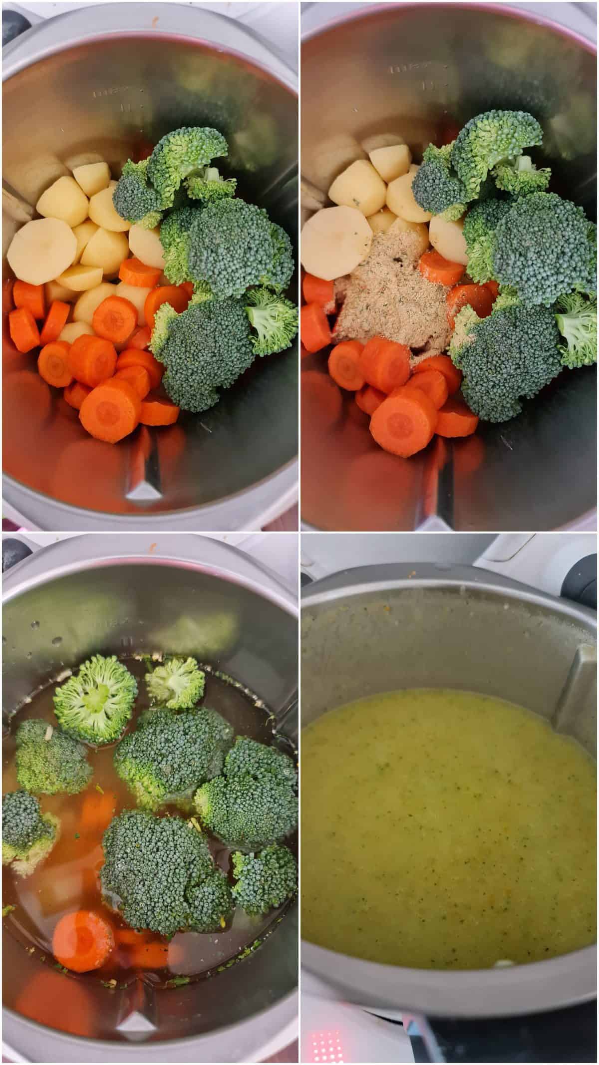 A collage showing the step-by-step process for making creamy potato soup in the Thermomix.
