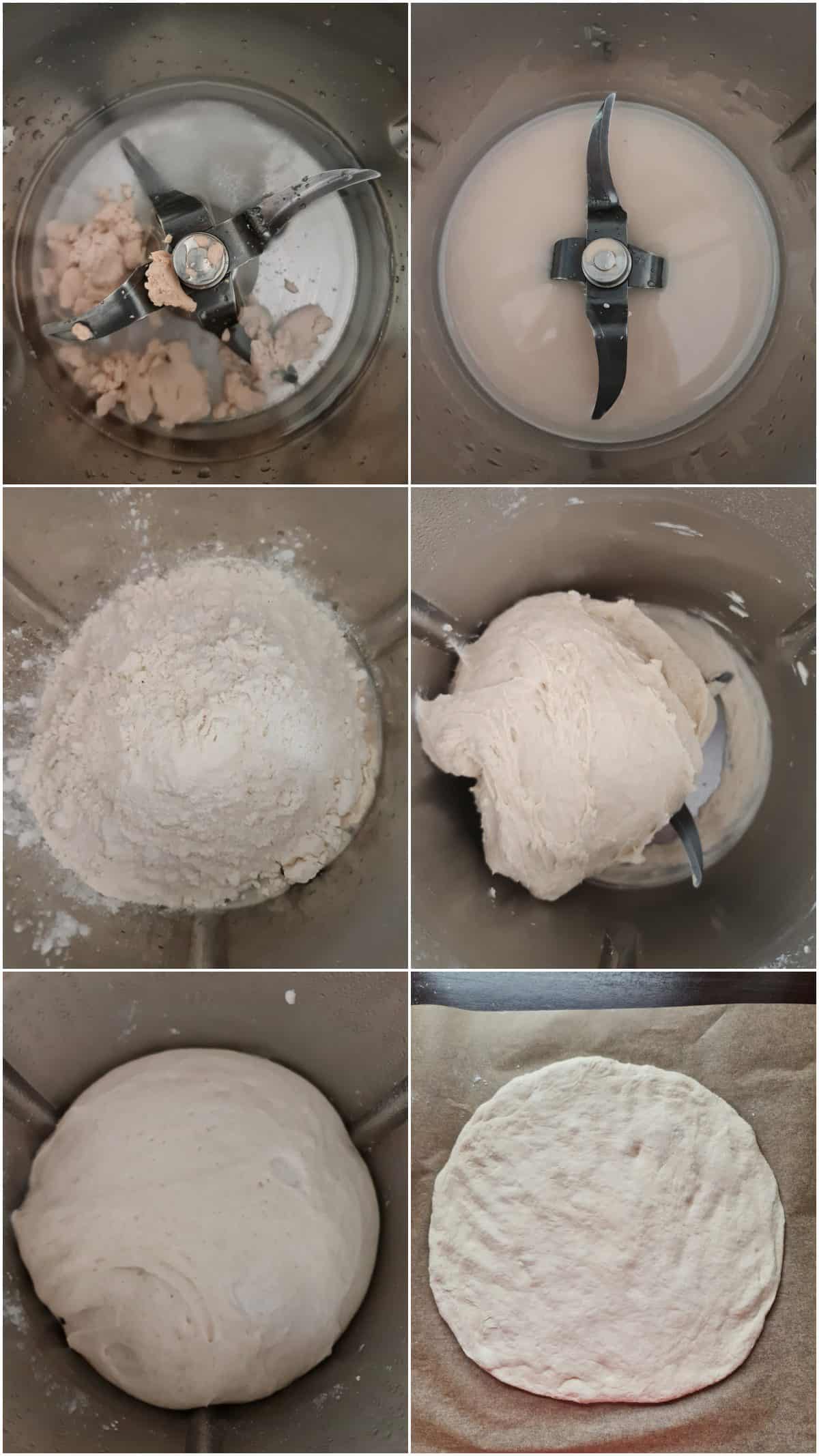 A step-by-step collage showing how to make homemade flatbread dough in the Thermomix, from mixing to shaping.