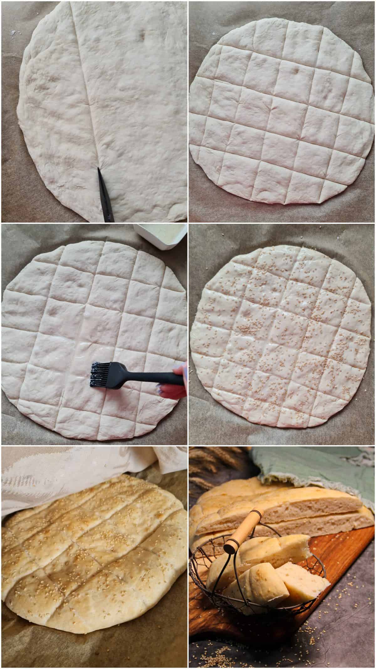 Step-by-step photos for homemade flatbread, from pressing the pattern into the dough to the baked bread.
