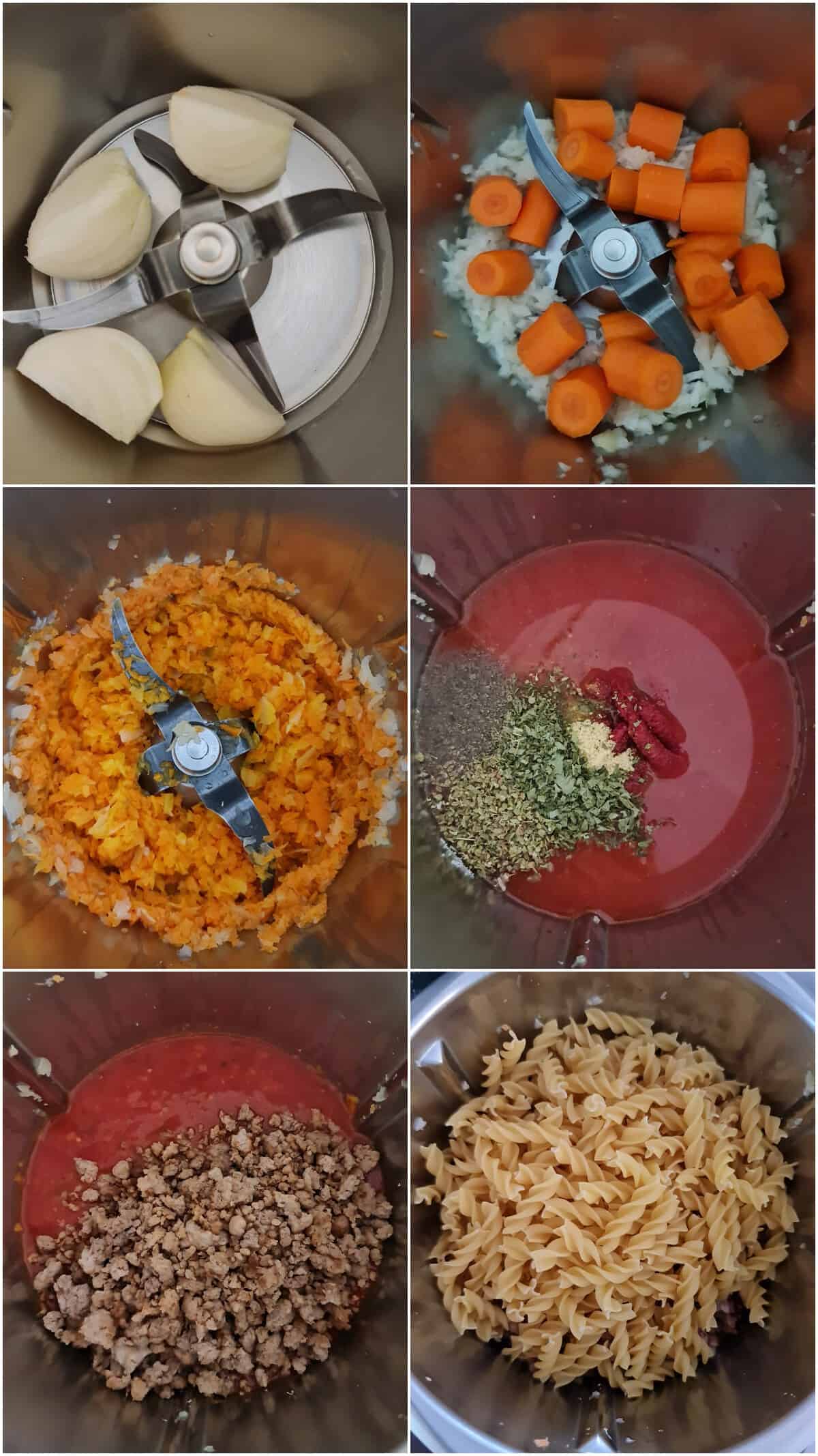 A collage of step-by-step preparation photos for making a pasta bake.