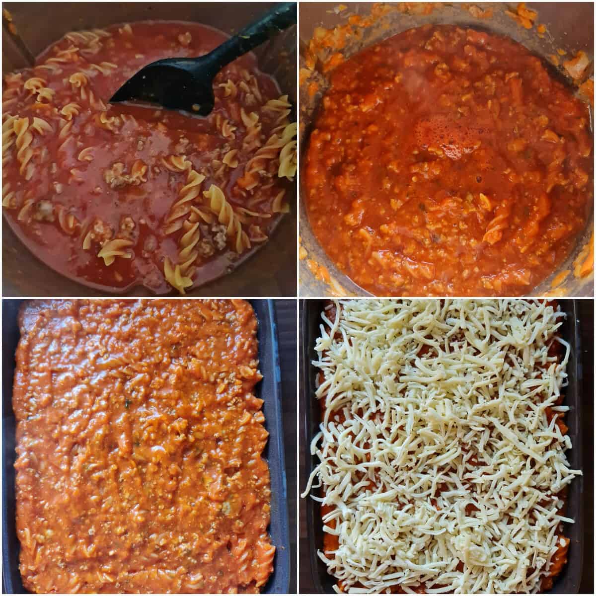 A collage of step-by-step preparation photos for making a pasta bake.