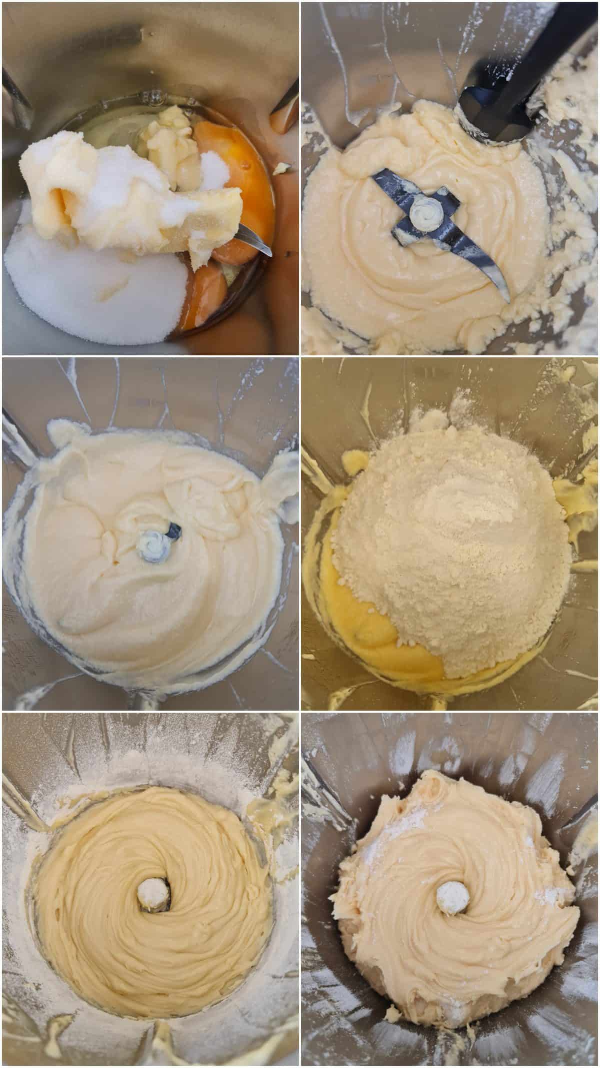 Six step-by-step photos showing how to mix the creamy batter for crispy waffles in the Thermomix.