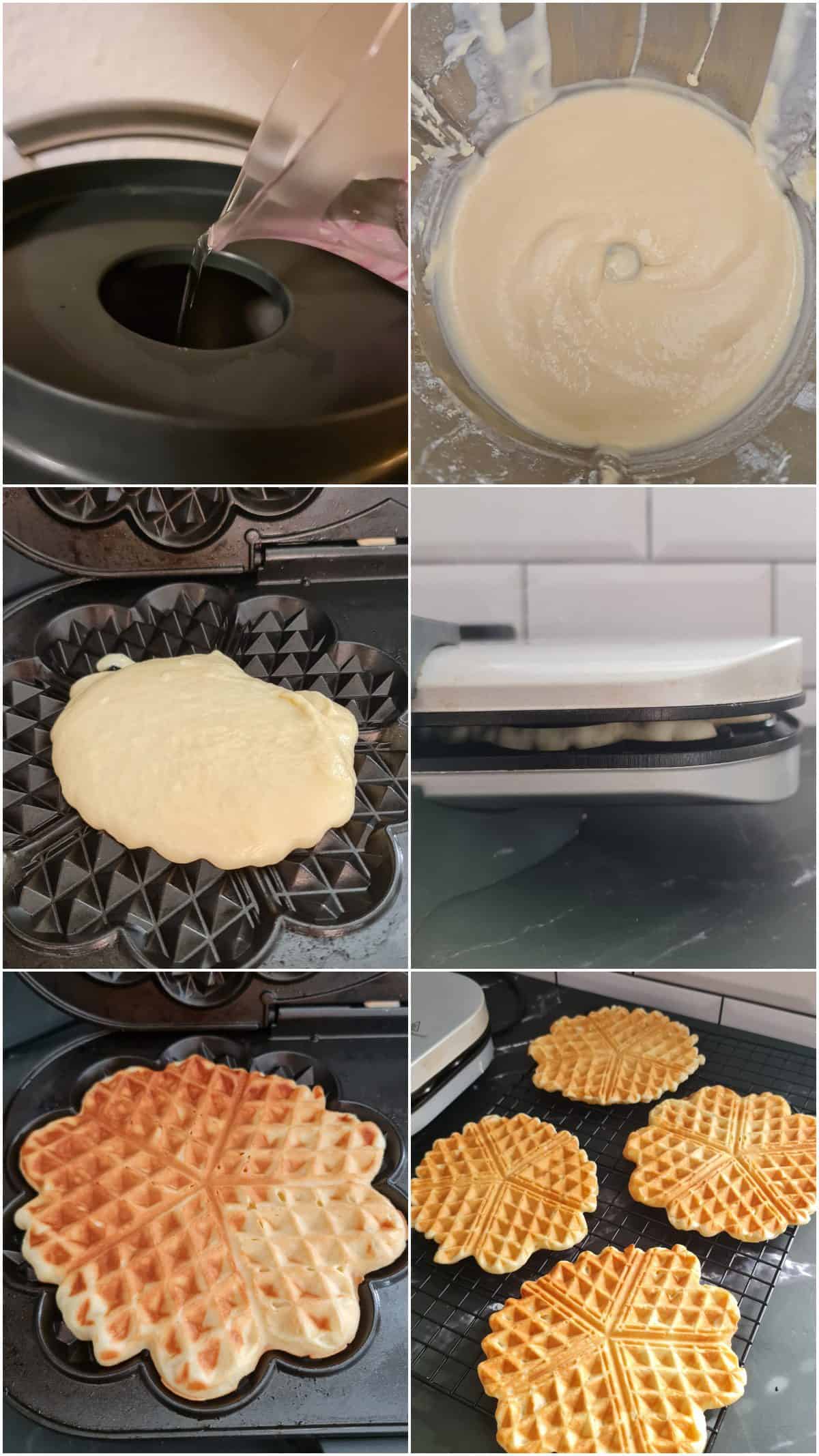 Step-by-step photo collage of making crispy Thermomix waffles in a waffle maker.