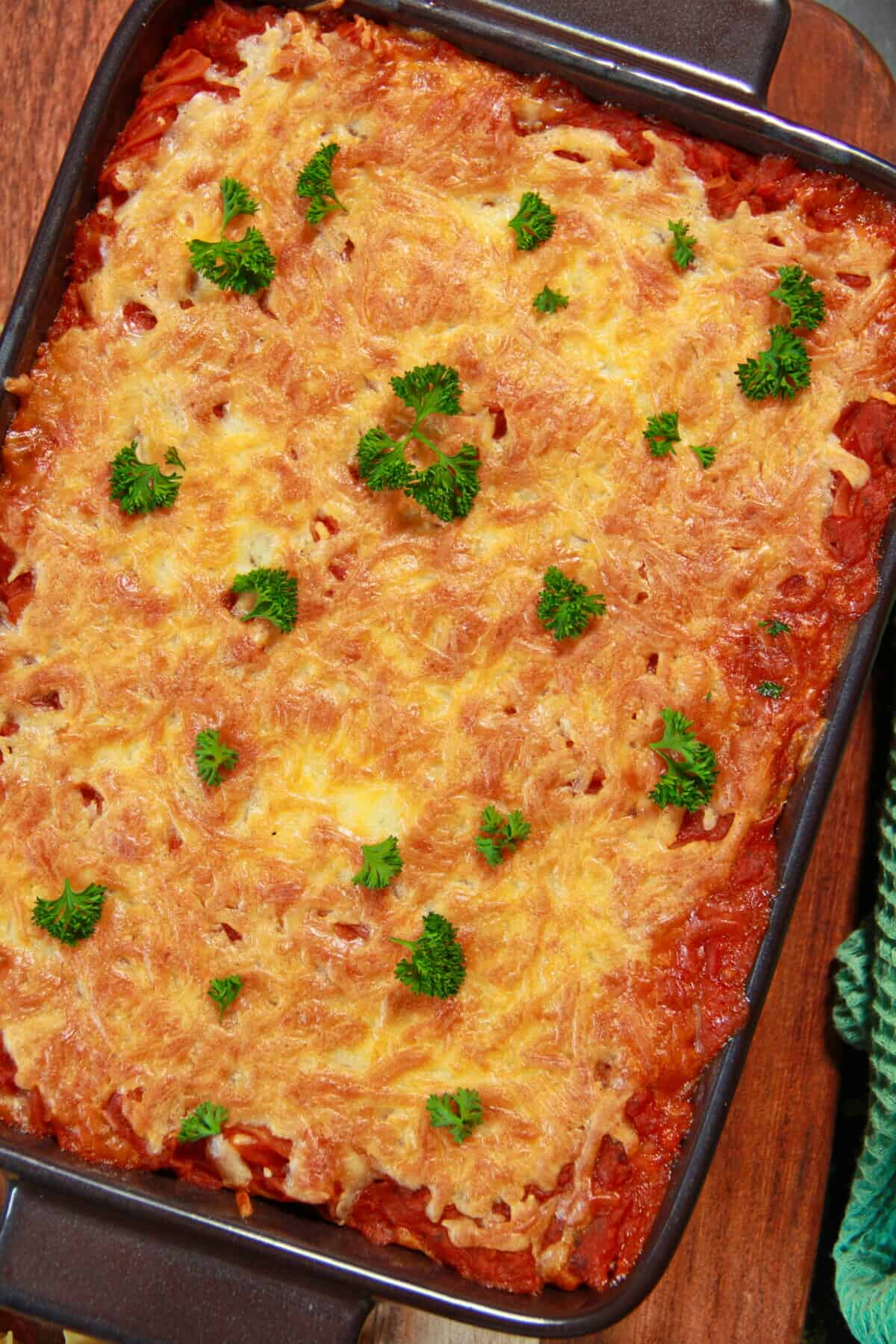 A delicious baked pasta dish in a casserole dish.