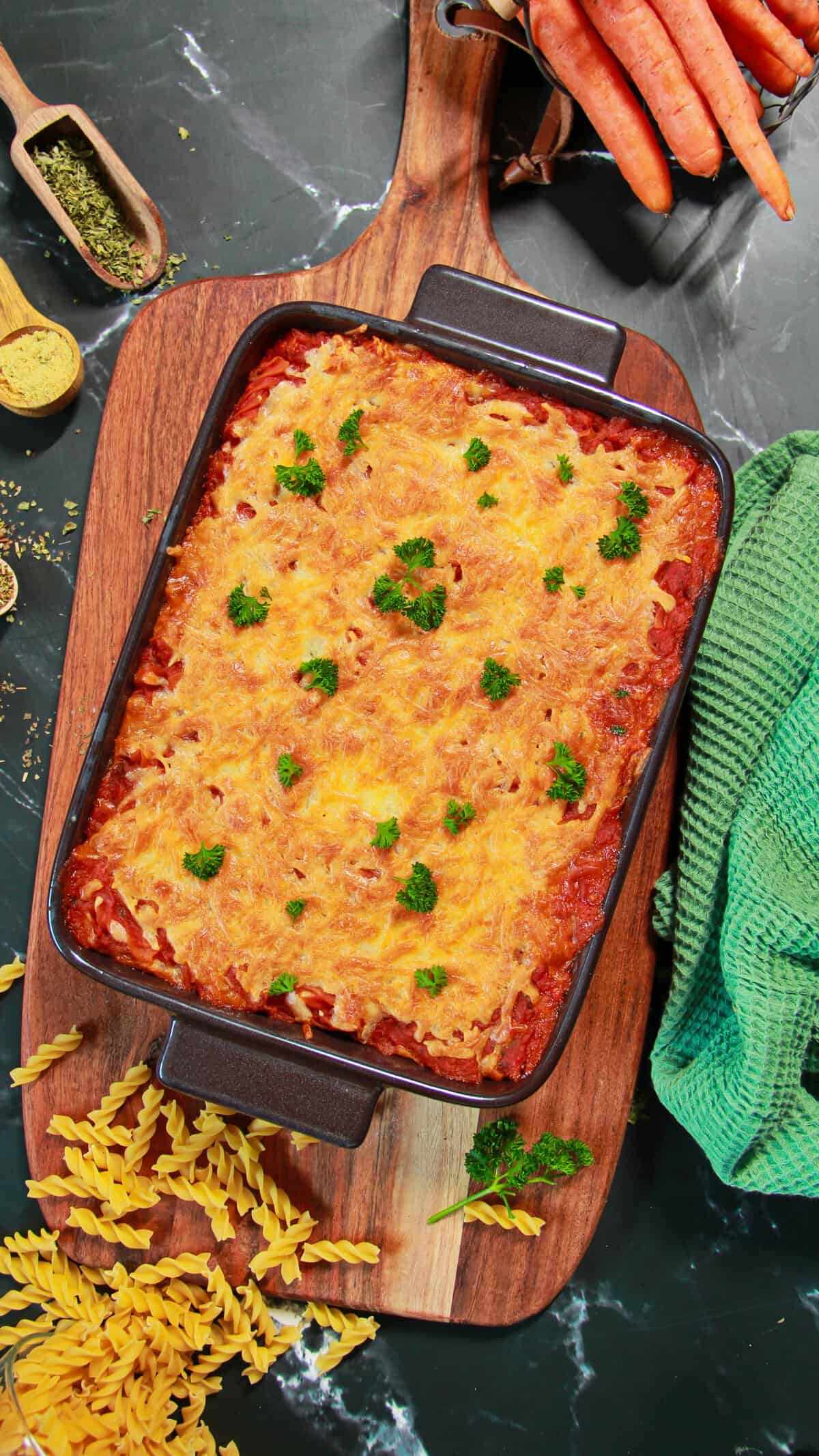 A baked pasta casserole dish fresh out of the oven.