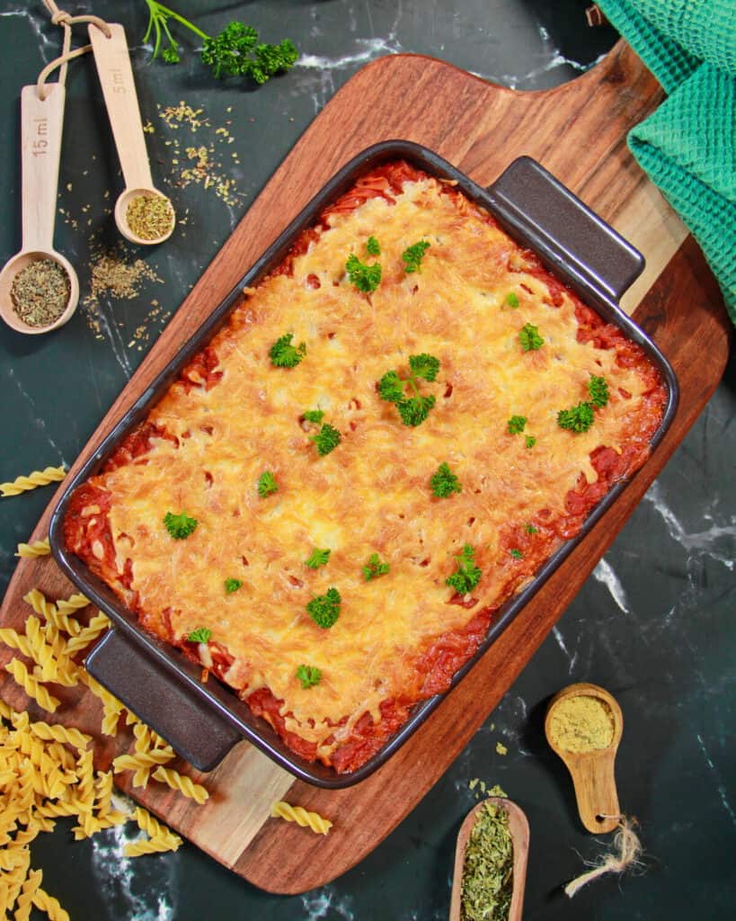 A pasta bake in a casserole dish.